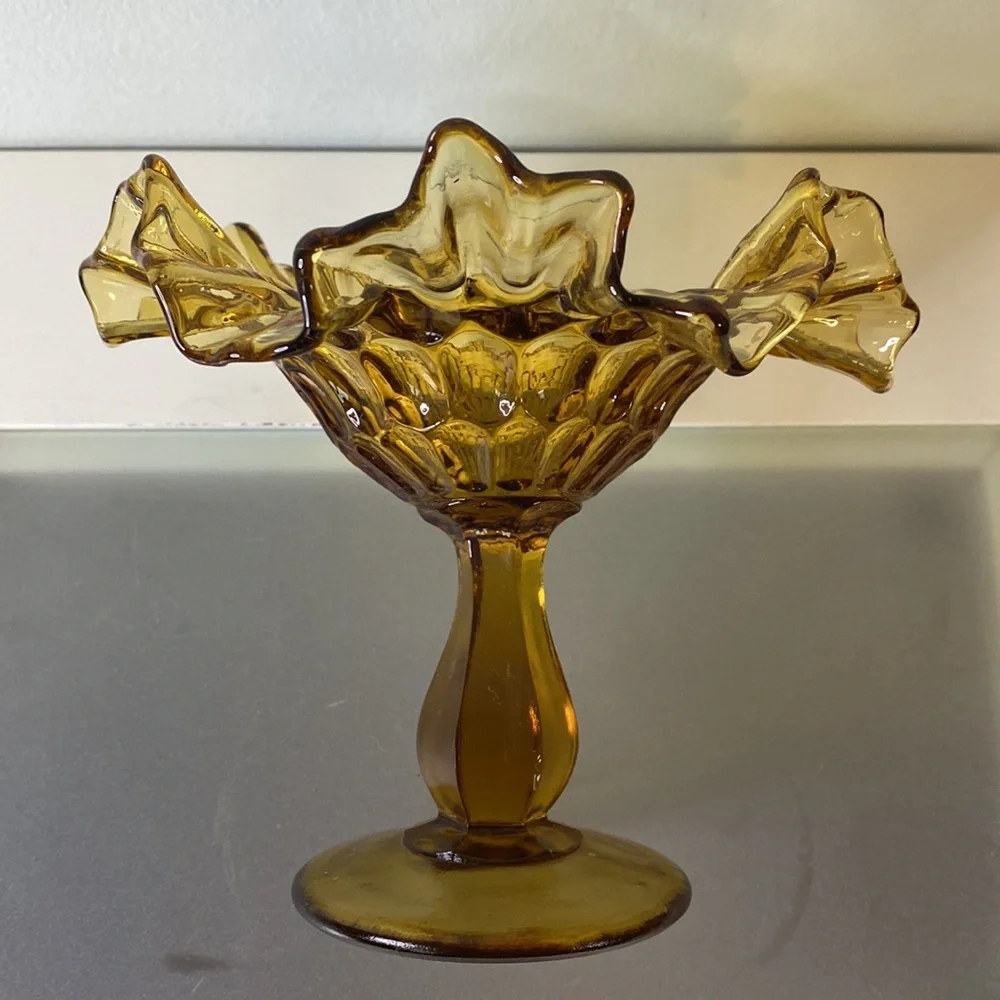 Vintage Fenton Colonial Thumbprint Amber Art Glass Footed Comote Candy Dish